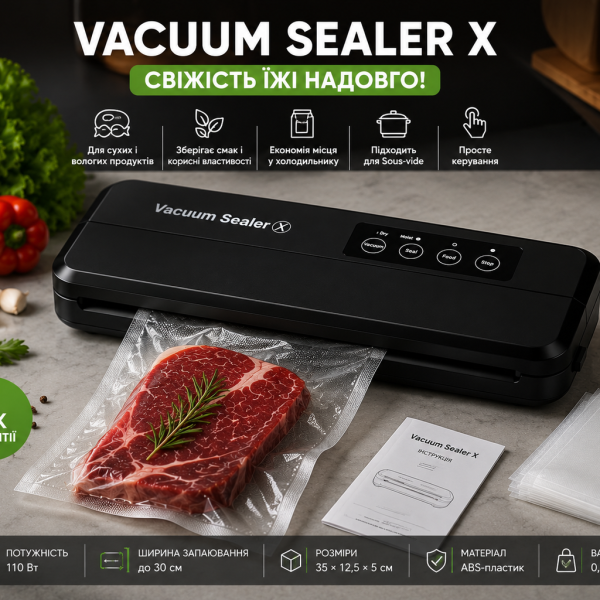 Вакууматор бытовой для продуктов пищи Vacuum Sealer X Pro 110W 60 кПа вакуумный упаковщик автоматический + 10 пакетов 10х25см