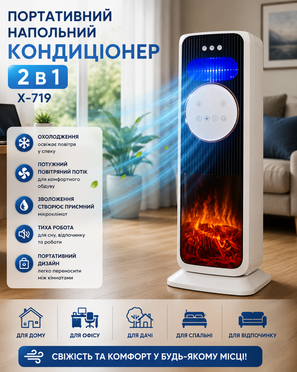 7480513379_portativnyj-napolnyj-konditsioner Портативный напольный кондиционер 2 в 1 X-719 Мобильный охладитель воздуха для дома, офиса, дачи и комфортного обдува - Зображення 1