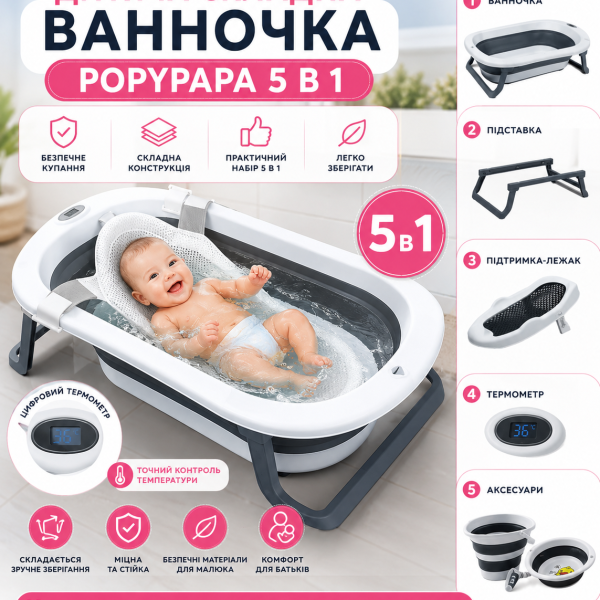 Детский набор для купания PopyPapa Baby 5-в-1 | Складная детская ванночка со стойкой | Сиденье для купания новорожденных