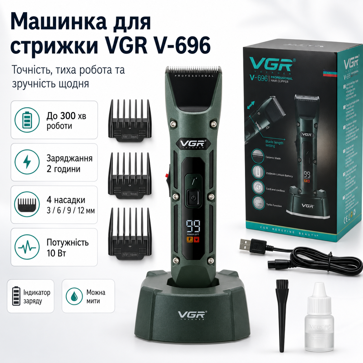 7490407601_akkumulyatornaya-mashinka-dlya Аккумуляторная машинка для стрижки с 4 насадками, VGR V-696, Зеленый / Беспроводной мужской триммер для стрижки - Зображення 1