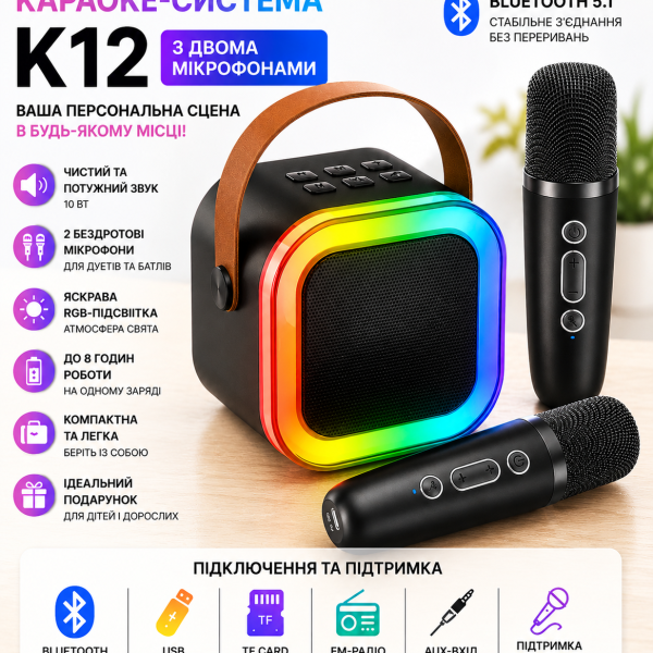 Караоке-система K12 з двома мікрофонами та Bluetooth, чорна