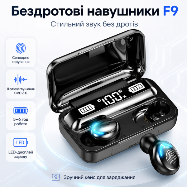 Наушники безпроводні F9 з Bluetooth і зарядним кейсом, чорні