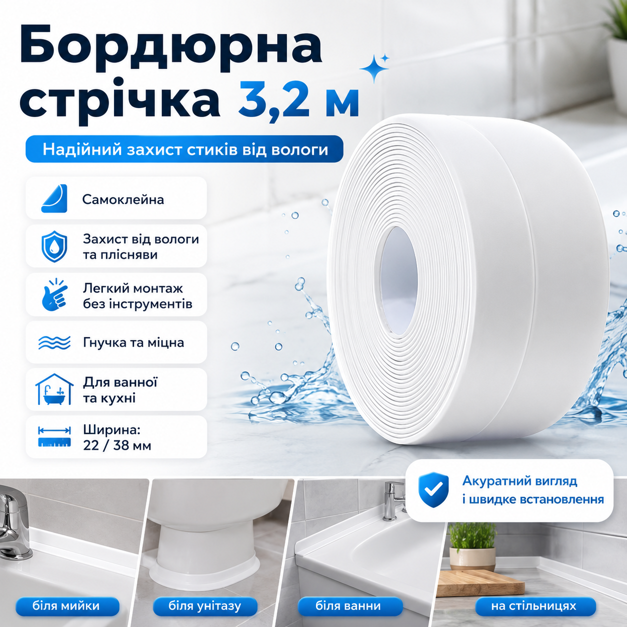 7493921643_samokleyaschayasya-vodonepronitsaemaya-bordyurnaya Самоклеящаяся водонепроницаемая бордюрная лента 3.2м х 38мм, Белый / Клейкая лента для ванн и раковин / Лента изолятор для кухни - Зображення 1