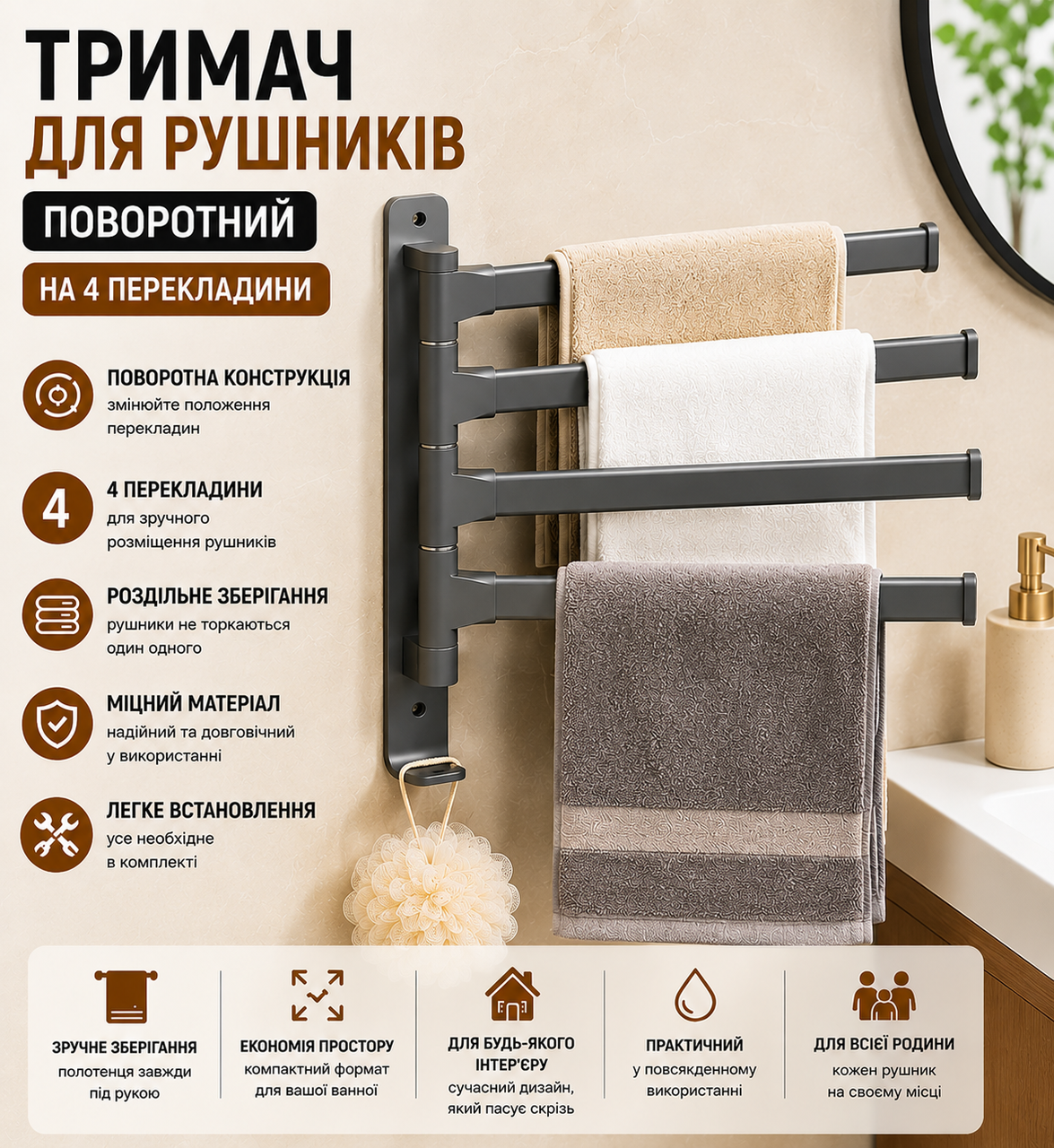 7500537564_povorotnyj-derzhatel-dlya Поворотный держатель для полотенец на 4 перекладины Вращающаяся вешалка для полотенец в ванную на 4 планки - Зображення 1