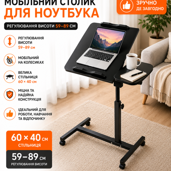 Столик с регулировкой высоты 60×40×59 89 см прикроватный столик на колесиках Grant стол для ноутбука Черный