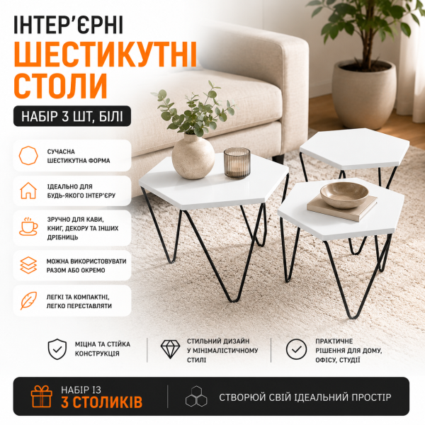 Набір кофейно-журнальних столиків (1916) - шестиугольні, 3 шт, білий