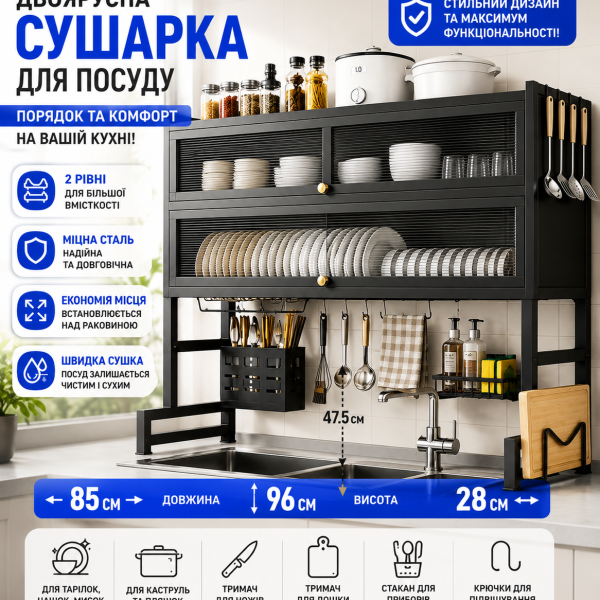 Двоярусна сушилка для посуди 96х85 см чорного кольору з дверцями