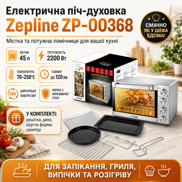 Електрична піч-духовка Zepline ZP-00368, 45 л, 2200 Вт, нержавіюча сталь