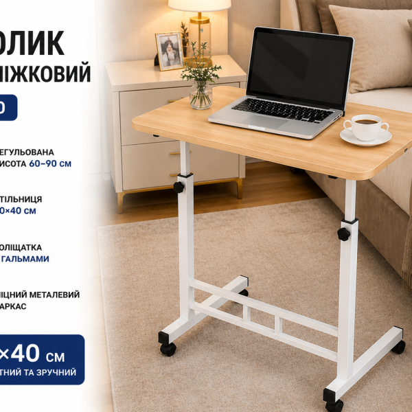 Столик прикроватный G-60 / Приставной столик / Компьютерный стол 60×40х60-90 см Дерево