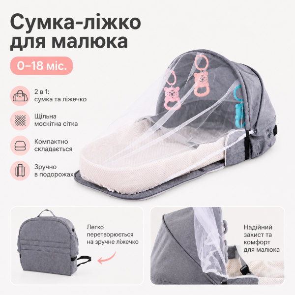 Сумка-люлька для новорождённых 3 в 1 Rudik с матрасиком, москитной сеткой и игрушками, серая