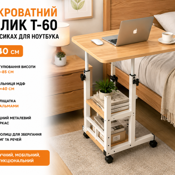 Компьютерный столик 60×40х60-85 см / Прикроватный стол з регулировкой высоты / Поворотный