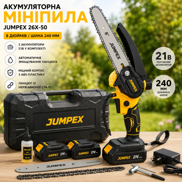 Аккумуляторна міні-пила Jumpex 26X-50 з 2 АКБ 21В, шина 240 мм
