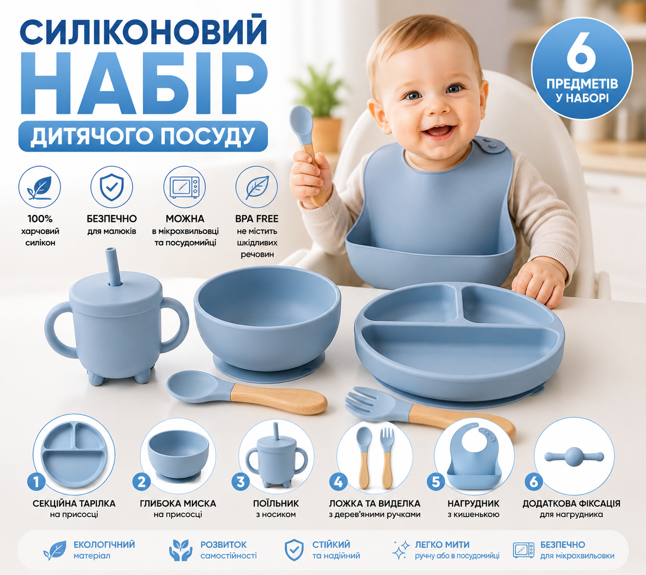 7528688402_nabor-detskoj-posudy Набор детской посуды из 6 предметов голубой 26X-34 - Зображення 1