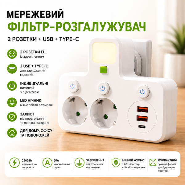 Розетка Адаптер  Удлинитель 2 входа БЕЛЫЙ 8623UL 2USB+1PD AND WL-1