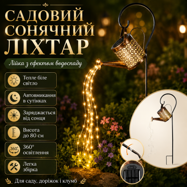 Садовый светильник-лейка, кувшин, чайник на солнечной батарее, кованая лампа 80 см, светодиодная.