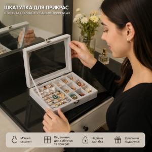 Шкатулка для хранения ювелирных украшений Серая / Органайзер для украшений 20×15×4,5 см / Шкатулка бархатная с прозрачной крышкой на замке — фото 2