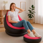 Надувной диван с пуфом Air Sofa / Надувное велюровое кресло с пуфиком+насос Розовый — фото 3