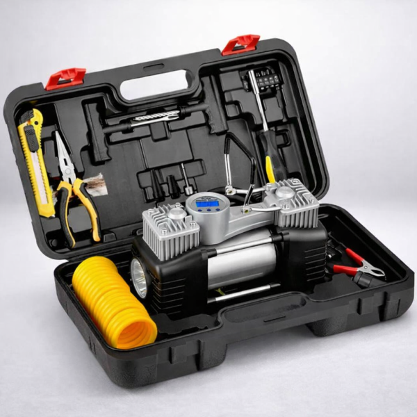 Компрессор автомобильный двухпоршневой в пластиковом кейсе + витой шланг GREY
