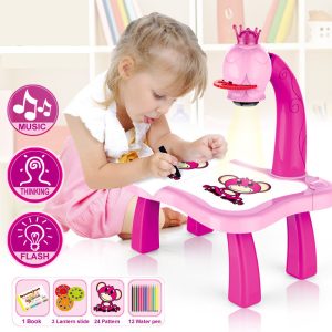 Розовый Детский стол проектор для рисования с подсветкой Projector Painting 24 Детали — фото 2