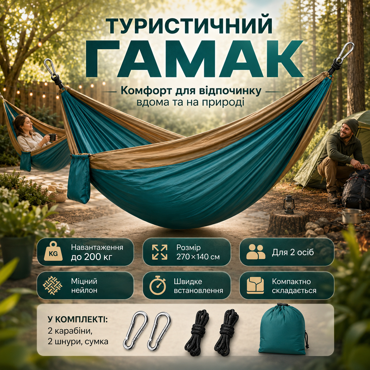 Туристический гамак двухместный, 270х140 см до 200 кг, Зеленый / Подвесной гамак для кемпинга / Нейлоновый гамак с карабинами Туристический гамак двухместный, 270х140 см до 200 кг, Зеленый / Подвесной гамак для кемпинга / Нейлоновый гамак с карабинами