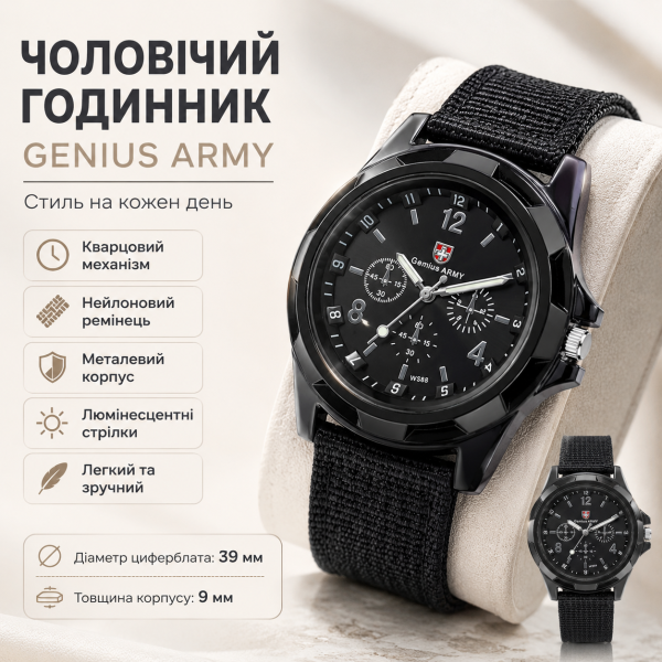 Мужские кварцевые наручные часы Genius Army с нейлоновым ремешком, металлическим корпусом и люминесцентными стрелками, спортивные