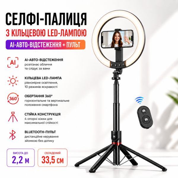 Селфи-палка с кольцевой LED-лампой и функцией AI-авто-отслеживания / Штатив P225Q 2,2м с Bluetooth 5.2 Type-C