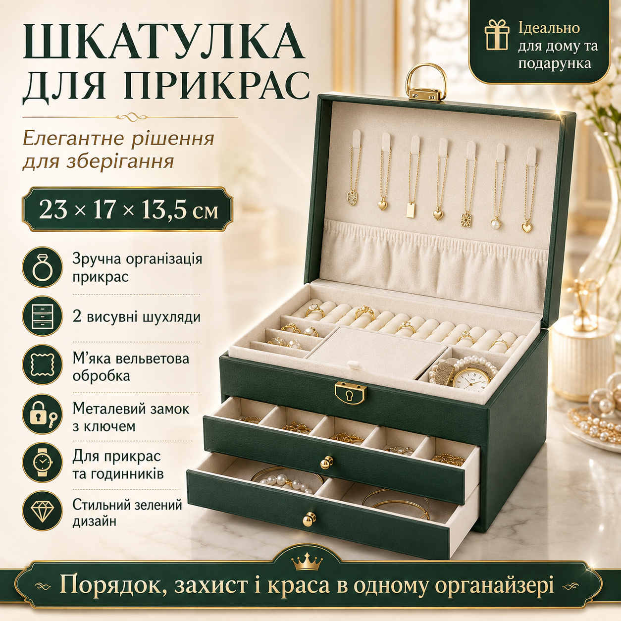7635768984_shkatulka-organajzer-dlya Шкатулка органайзер для украшений, 23х17х13,5 см, Зеленая XL-1319 / Шкатулка с замком / Кейс для бижутерии и часов - Зображення 1