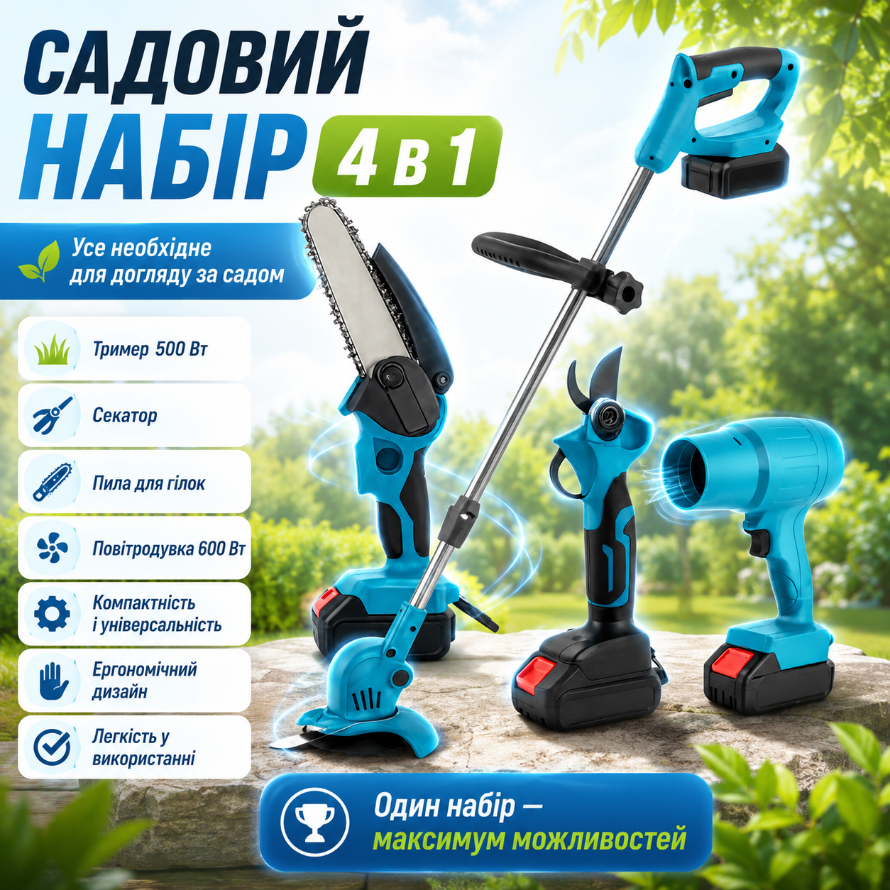 Аккумуляторный комплект инструментов 4в1 + 2 АКБ 21V, Синий / Электроинструменты для сада / Пила / Триммер / Секатор Аккумуляторный комплект инструментов 4в1 + 2 АКБ 21V, Синий / Электроинструменты для сада / Пила / Триммер / Секатор