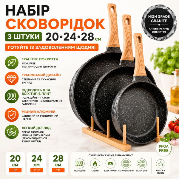 Набор сковород (3 шт), 20-24-28 см, гранитное покрытие, граненый дизайн, без крышек