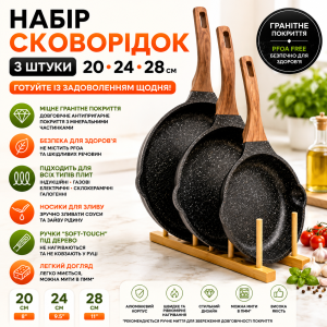 Набор сковородок, 3 шт 20-24-28 см, с гранитным покрытием, без крышек. Черный (BW2-21)
