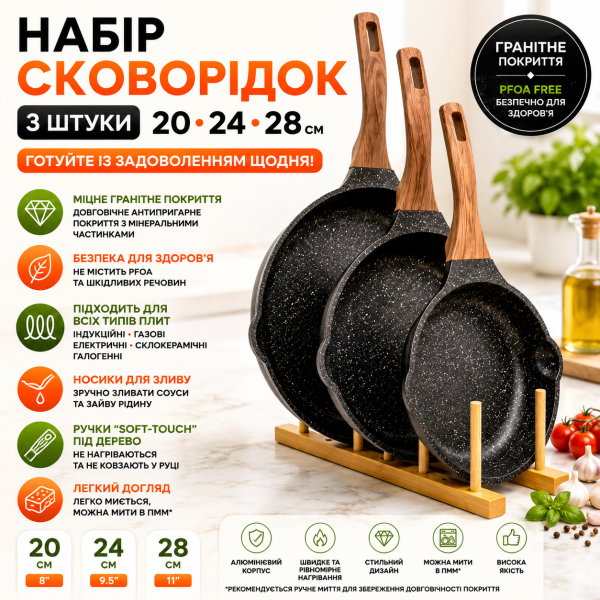 Набор сковородок, 3 шт 20-24-28 см, с гранитным покрытием, без крышек. Черный (BW2-21)