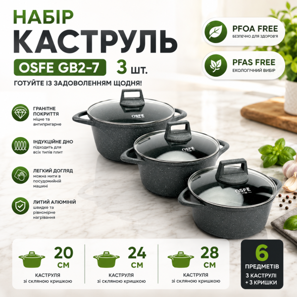 Набор кастрюль OSFE GB2-7, 3 шт из литого алюминия, 20/24/28 см. Графитовый (GB2-7)