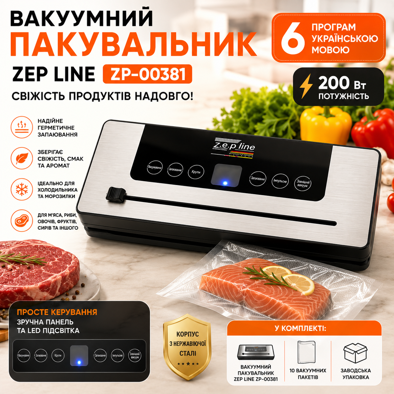 Вакуумный упаковщик Zepline ZP-00381 200 Вт с 6 программами и LED-подсветкой Вакуумный упаковщик Zepline ZP-00381 200 Вт с 6 программами и LED-подсветкой