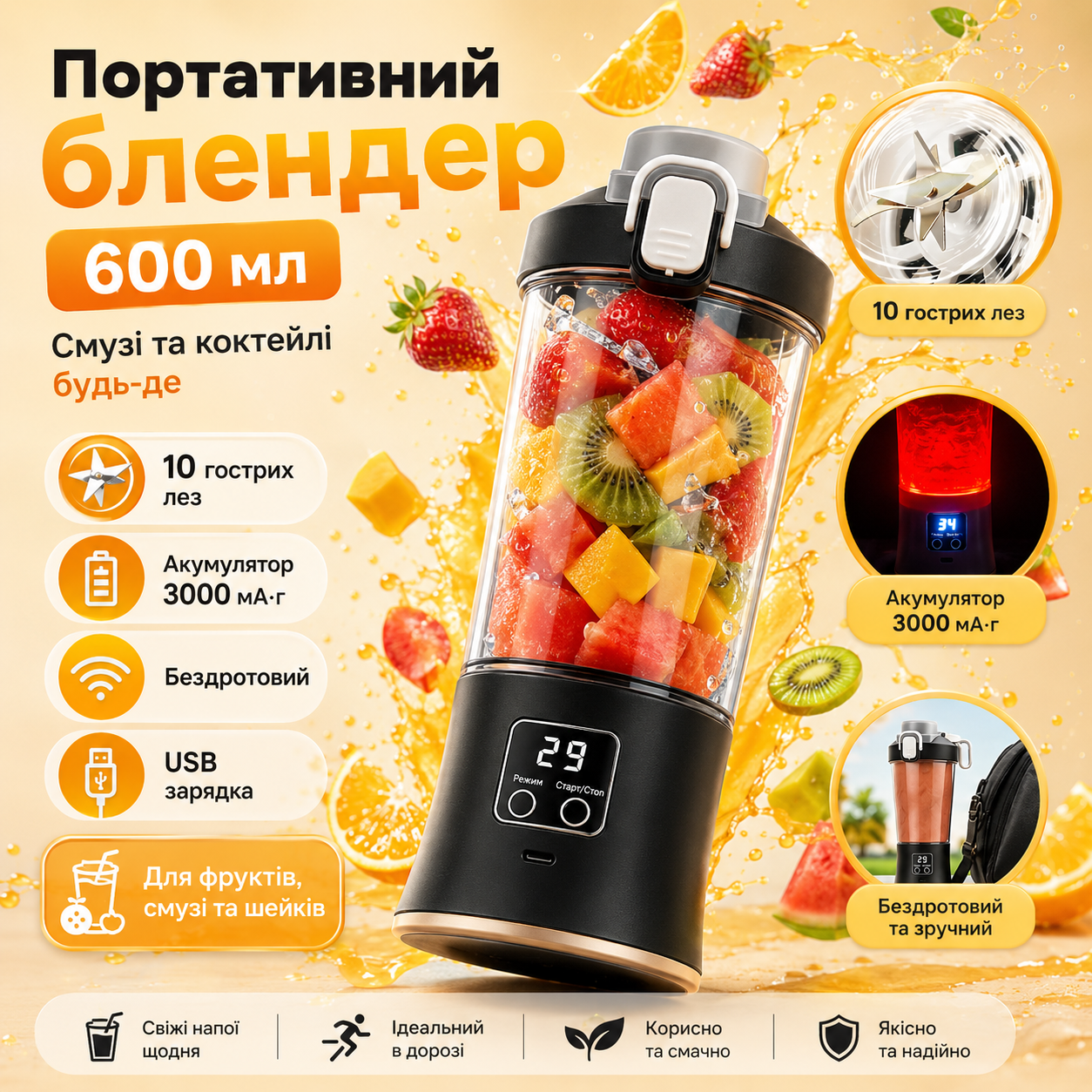 Портативный мини-блендер 600Мл, XL-1427, Черный / Аккумуляторная бутылка-блендер / Блендер для смузи Портативный мини-блендер 600Мл, XL-1427, Черный / Аккумуляторная бутылка-блендер / Блендер для смузи