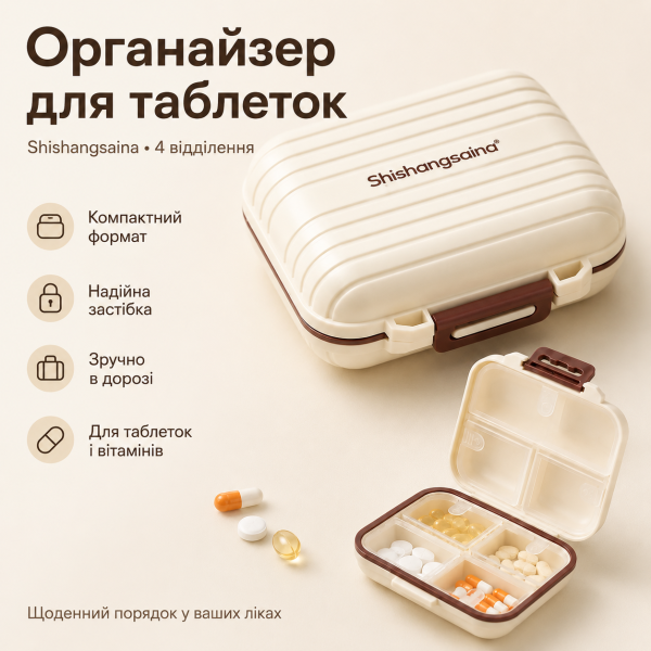 Органайзер для таблеток на 4 отделения, Shishangsaina, Бежевый / Кейс для лекарства / Контейнер для таблеток / Таблетница дорожная