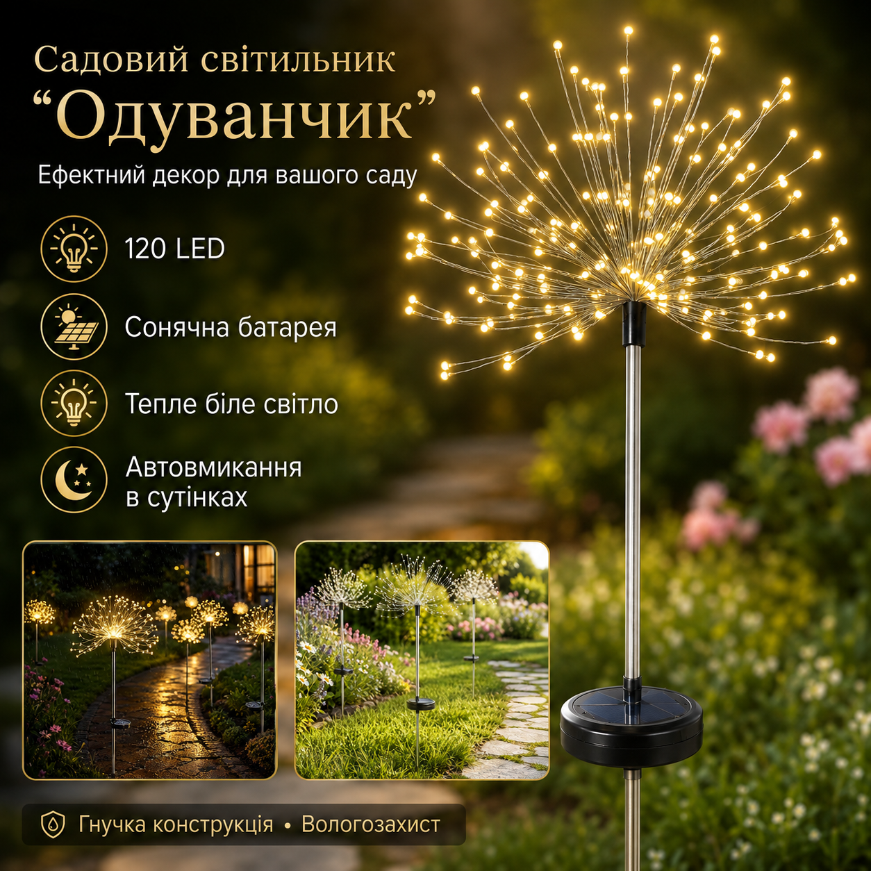 7637900316_sadovyj-svetilnik-na Садовый светильник на солнечной батарее Одуванчик, 120 LED, Желтый / Уличный фонарь газонный / Декоративный светильник для сада - Зображення 1