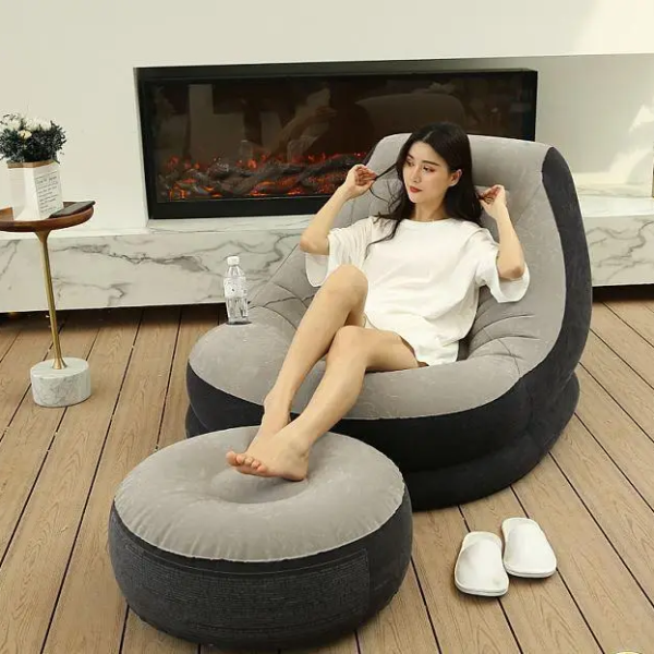 Надувной диван с пуфом Air Sofa / Надувное велюровое кресло с пуфиком+насос Бежевый