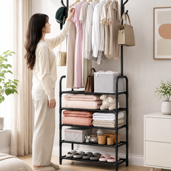 Вешалка для одежды с полками для обуви Clothes Rack Up / Напольная металлическая стойка 170×60×26 см