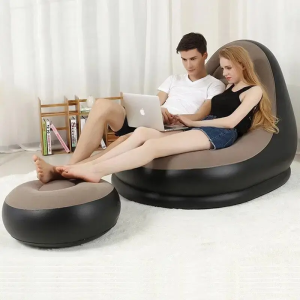Надувной диван с пуфом Air Sofa / Надувное велюровое кресло с пуфиком+насос Бежевый — фото 2