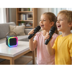 Мини-детское караоке K12 с 2 беспроводным микрофоном, портативная колонка с LED подсветкой BLACK — фото 2