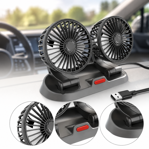 Автомобильный двойной вентилятор от USB / Вентилятор для авто 2 скорости 360° 5V