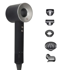 Фен с 5 разными насадками для сушки и укладки hair dryer fan серый