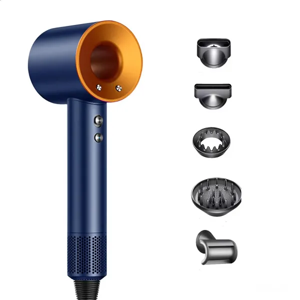 Фен с 5 разными насадками для сушки и укладки hair dryer fan синий