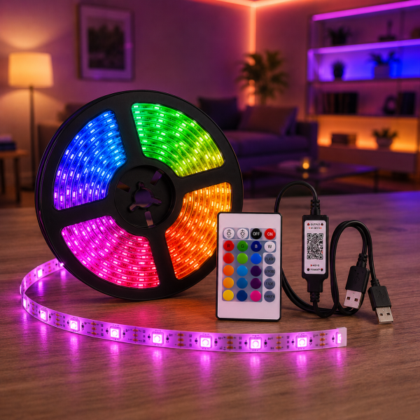 Гибкая светодиодная лента RGB USB 10м / Лента с пультом для подсветки телевизора, монитора, мебели / LED лента от павербанка