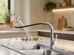 Кран/смеситель Faucet CR-8428 многофункциональный металл / Смеситель кухонный с выдвижной воронкой, хром / Выдвижной кухонный смеситель из нержавеющей стали — фото 4