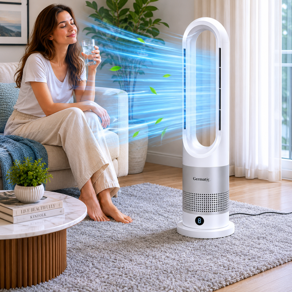 Мобильный безлопастной вентилятор Germatic 2в1 автоповорот 80° / Кондиционер напольный зима-лето AM-030JR 1200W+ пульт ДУ