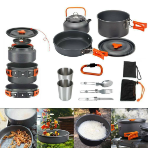 Набор туристической посуды Camping cooking со столовыми приборами 10 в 1 / Набор посуды для похода, пикника и рыбалки — фото 2