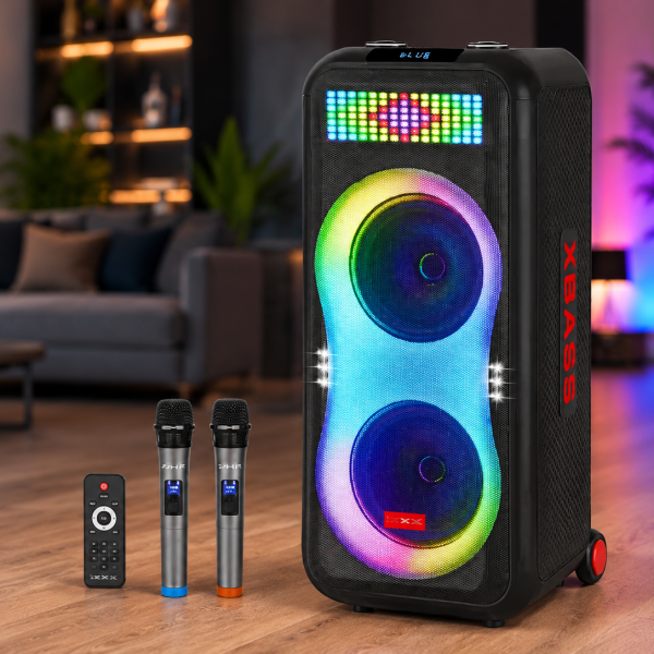 Портативная акустика ZXX-1510 / Караоке колонка 100Вт / Переносная акустическая колонка с LED подсветкой + 2 микрофона / Двойная 10-дюймовая акустическая переносная колонка