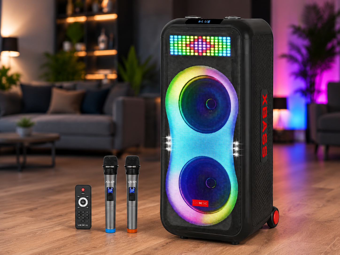Портативная акустика ZXX-1510 / Караоке колонка 100Вт / Переносная акустическая колонка с LED подсветкой + 2 микрофона / Двойная 10-дюймовая акустическая переносная колонка Портативная акустика ZXX-1510 / Караоке колонка 100Вт / Переносная акустическая колонка с LED подсветкой + 2 микрофона / Двойная 10-дюймовая акустическая переносная колонка
