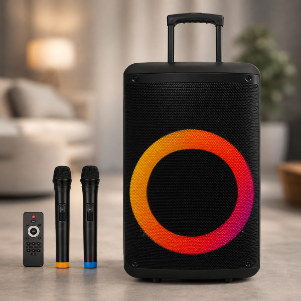 Портативная акустика ZXX-7878 / Аккумуляторная колонка с Bluetooth, TWS, FM, USB, SD, RGB-подсветкой / Караоке колонка-чемодан с 2 микрофонами и пультом ДУ